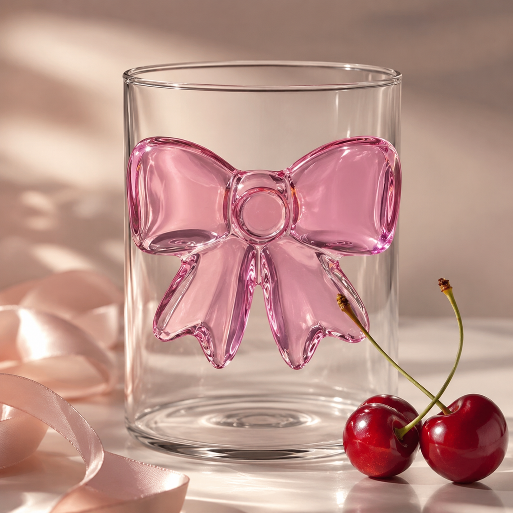 Cute Pink Bow Glass Cup – 250ml Aesthetic Coffee & Juice Glass