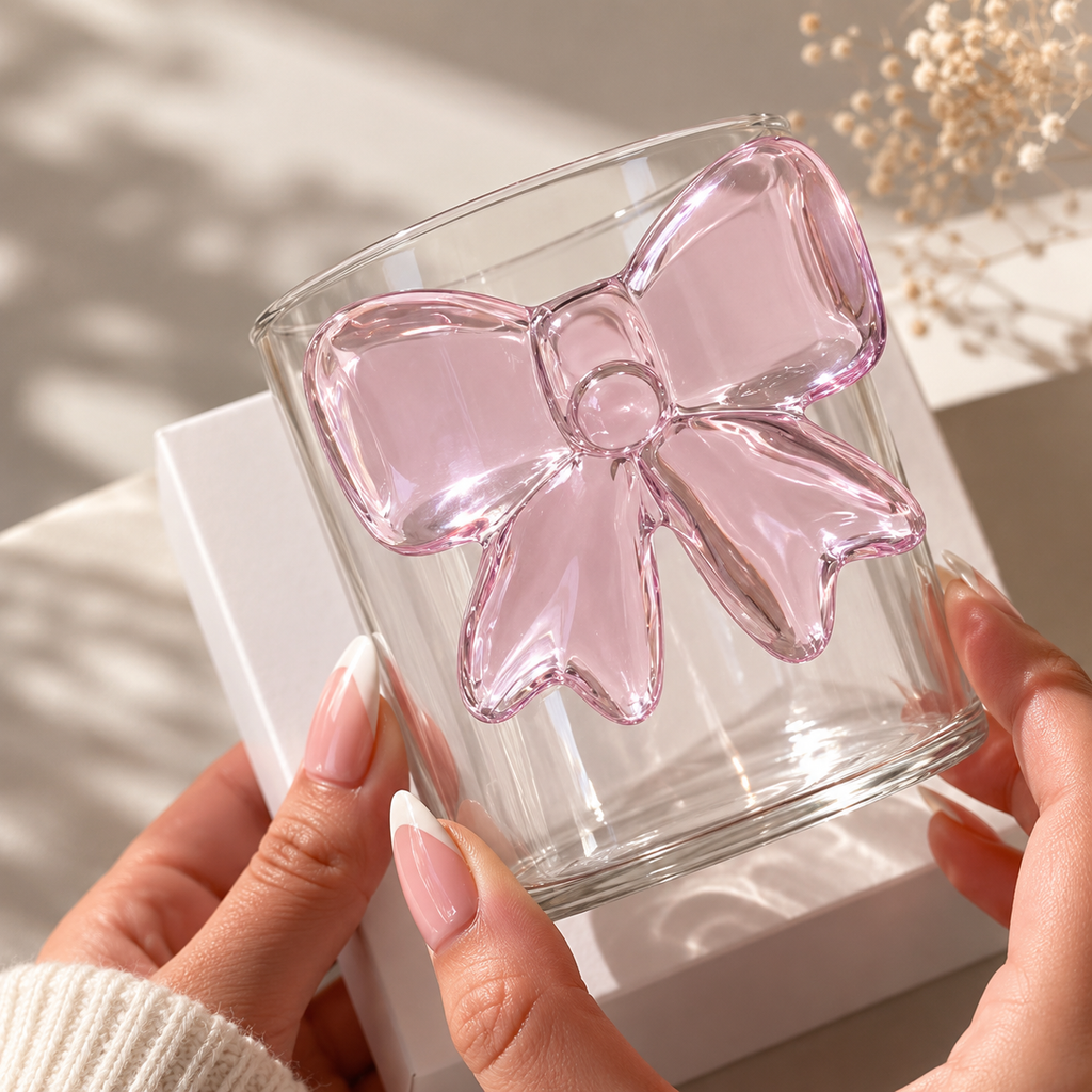 Cute Pink Bow Glass Cup – 250ml Aesthetic Coffee & Juice Glass