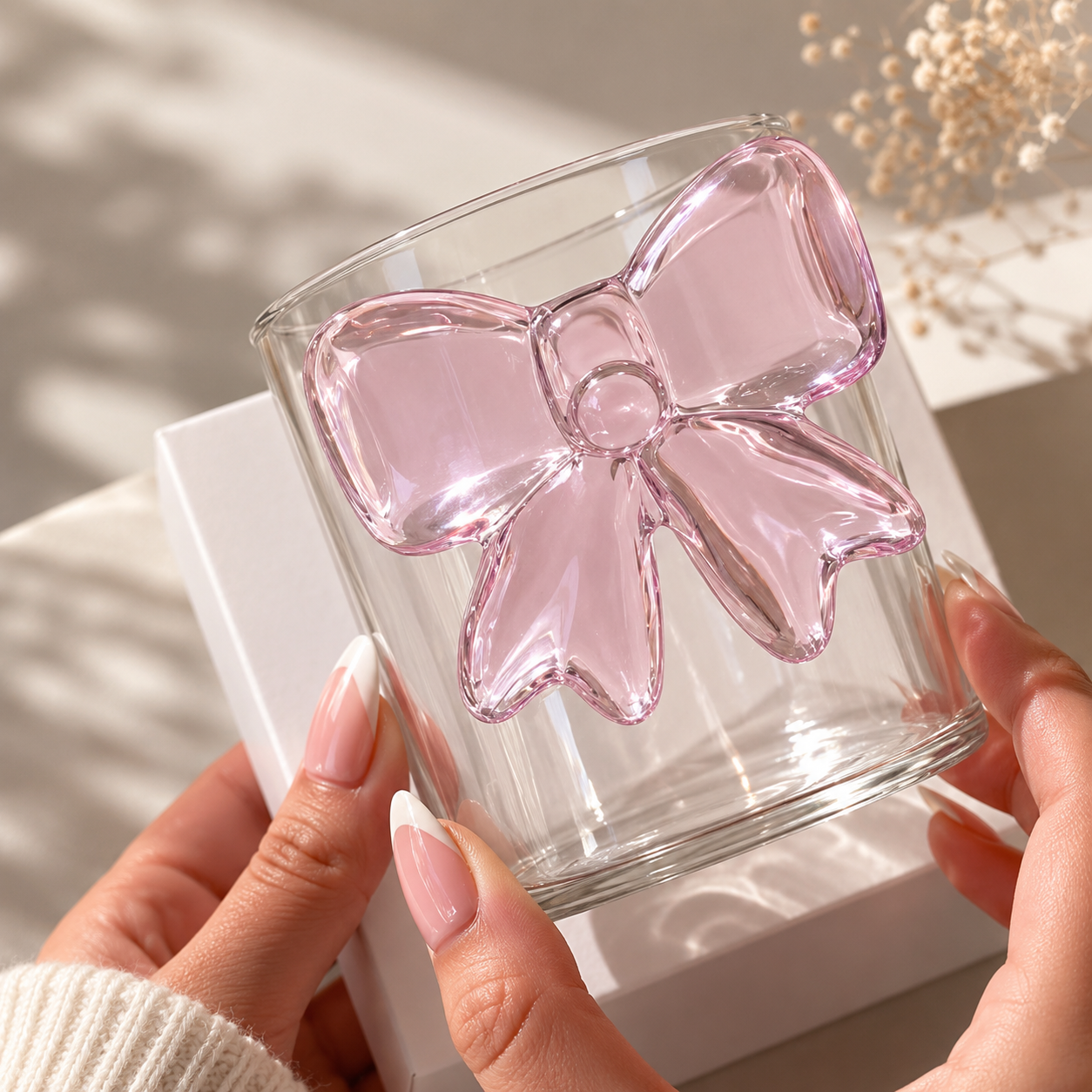 Cute Pink Bow Glass Cup – 250ml Aesthetic Coffee & Juice Glass