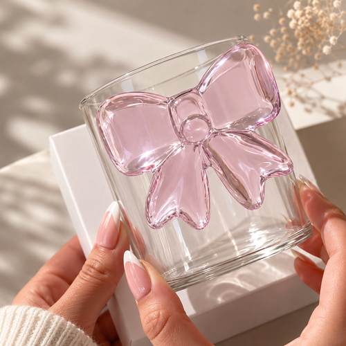 Cute Pink Bow Glass Cup – 250ml Aesthetic Coffee & Juice Glass