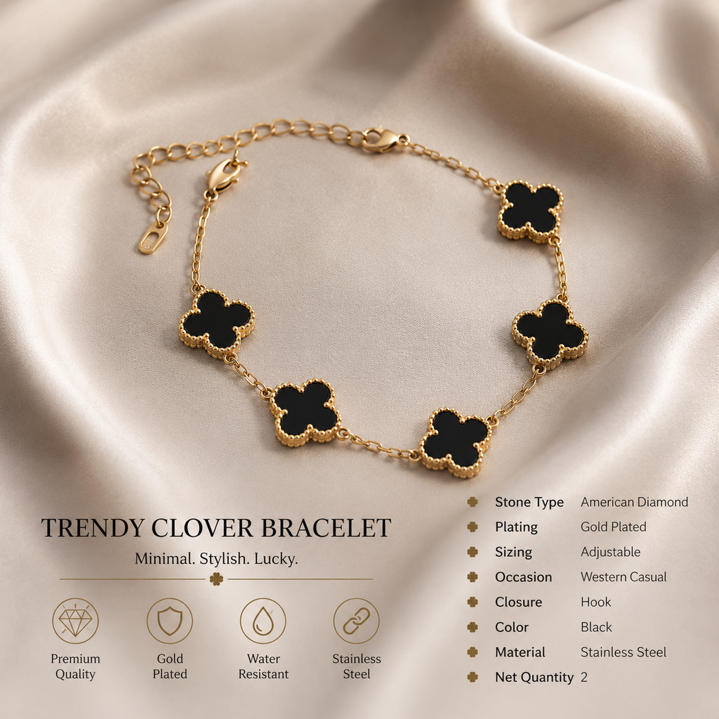 Elegant  Clover Bracelet (Pack of 2) | Adjustable Gold Plated Stainless Steel Bracelet for Women & Girls
