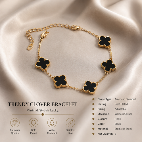 Elegant  Clover Bracelet (Pack of 2) | Adjustable Gold Plated Stainless Steel Bracelet for Women & Girls