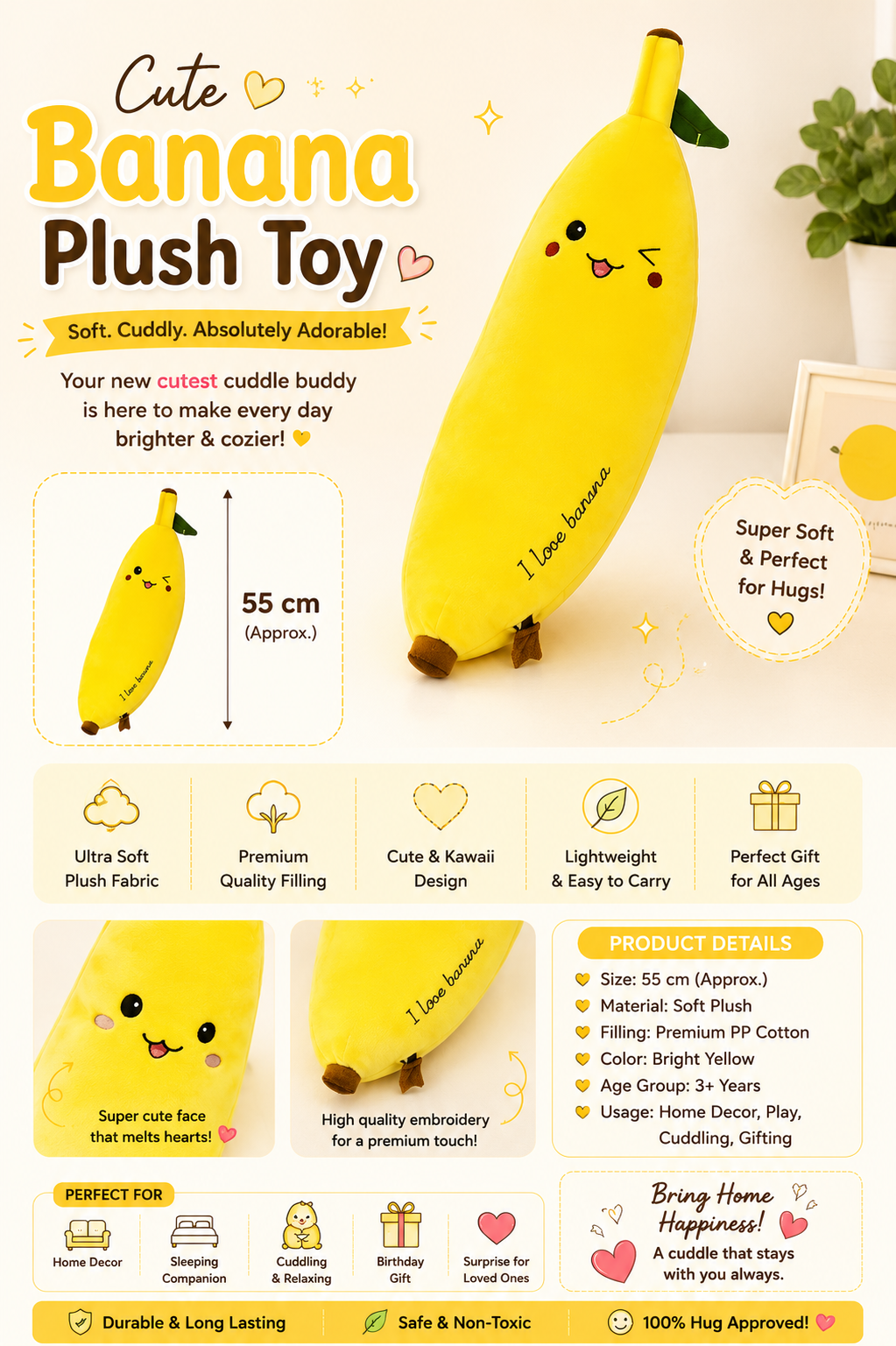 Banana Plush Pillow Soft Toy | Cute Stuffed Banana Cushion | Hug Pillow for Kids & Adults