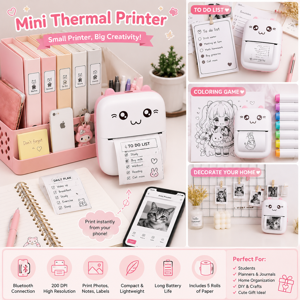Cute Mini Bluetooth Photo Printer – Print Photos, Notes & Labels Anytime