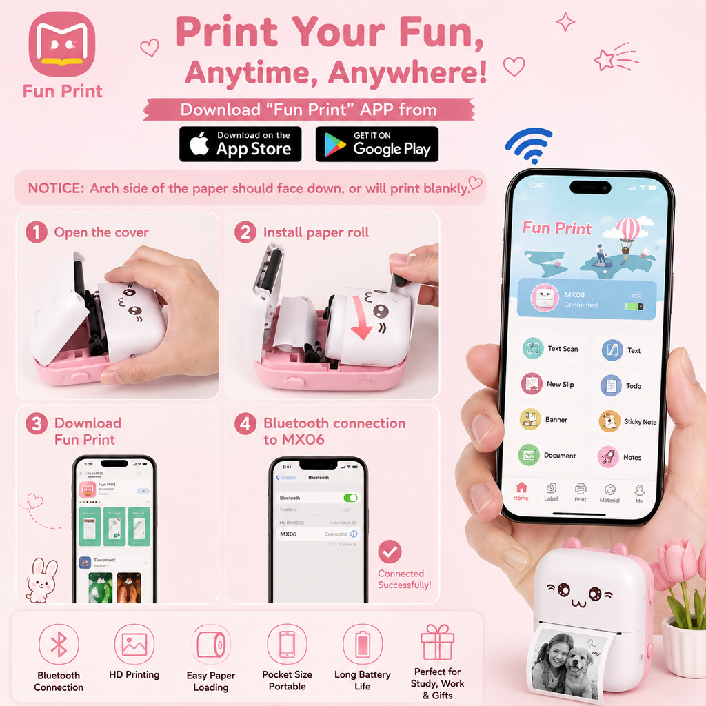 Cute Mini Bluetooth Photo Printer – Print Photos, Notes & Labels Anytime