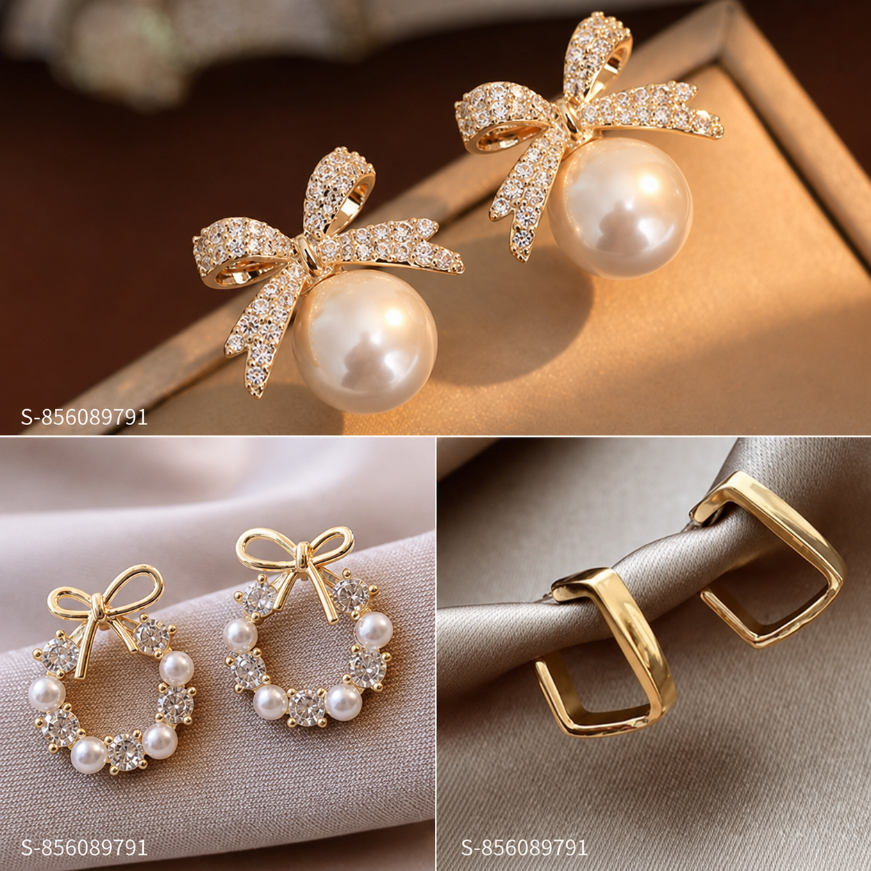 Pack of 3 Korean Pearl Stud Earrings for Women | Gold Plated Bow, Pearl & Minimal Stud Earrings Set | Cute Aesthetic Jewelry Gift for Girls
