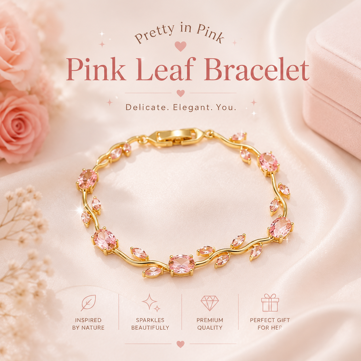 Tulip Bracelet | Pink Leaf Crystal Flower Bracelet for Women