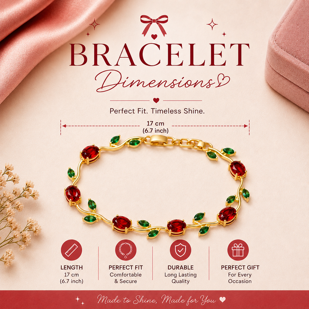 Red Tulip Bracelet – Red Crystal & Green Leaf Gold Floral Bracelet for Women