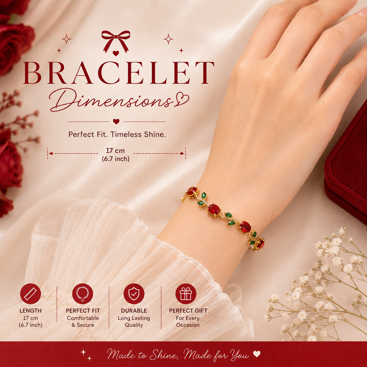 Red Tulip Bracelet – Red Crystal & Green Leaf Gold Floral Bracelet for Women