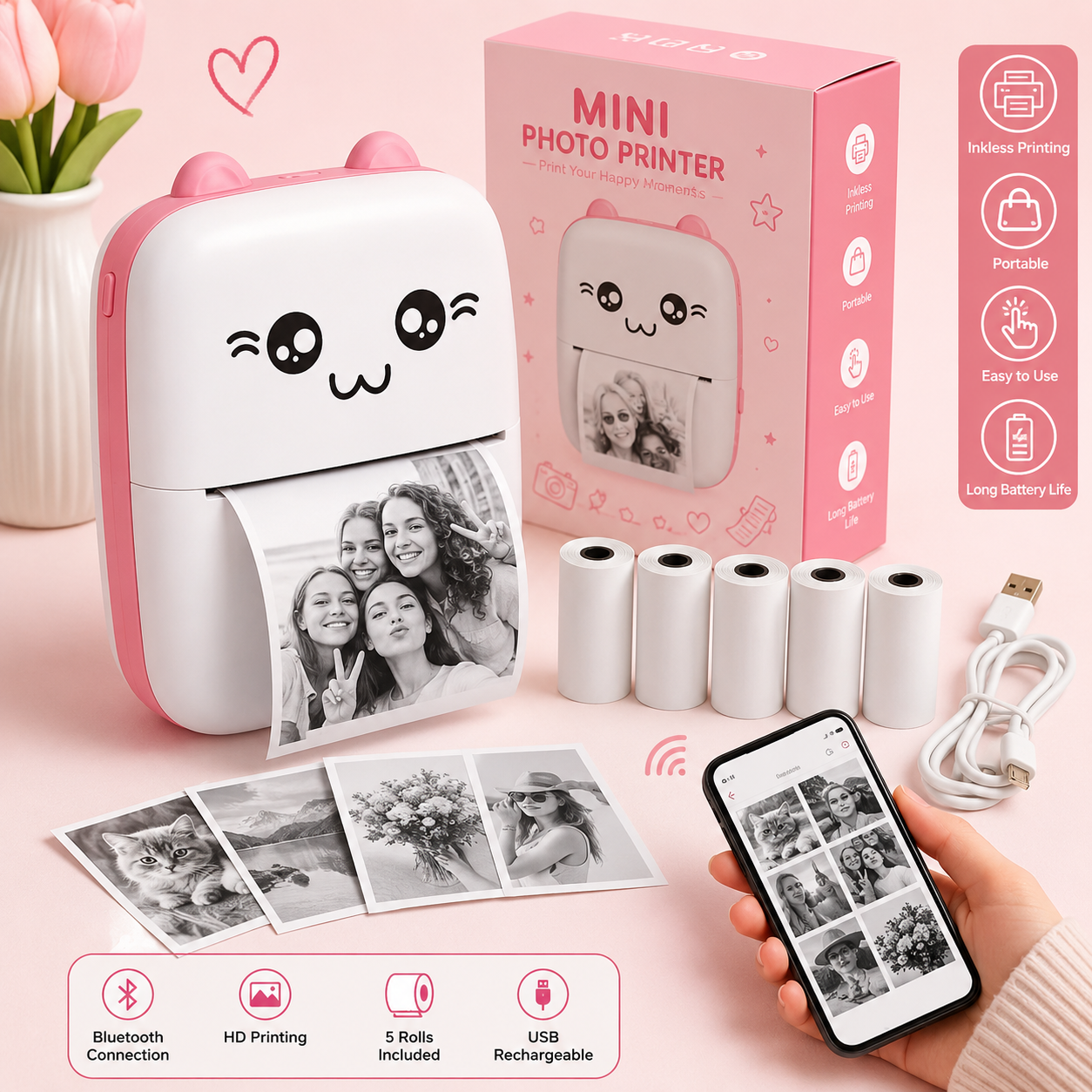 Cute Mini Bluetooth Photo Printer – Print Photos, Notes & Labels Anytime