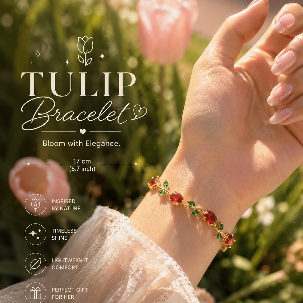 Red Tulip Bracelet – Red Crystal & Green Leaf Gold Floral Bracelet for Women