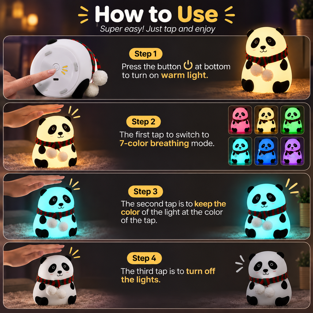 Cute Panda Night Light  – Rechargeable 7 Color LED Silicone Touch Lamp