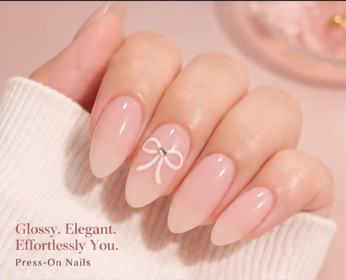🎀 Pinterest Viral Peach Bow Press-On Nails | Glossy Almond Fake Nails with Rhinestone | 24 PCS Reusable Soft Girl Nail Set