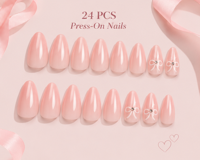 🎀 Pinterest Viral Peach Bow Press-On Nails | Glossy Almond Fake Nails with Rhinestone | 24 PCS Reusable Soft Girl Nail Set