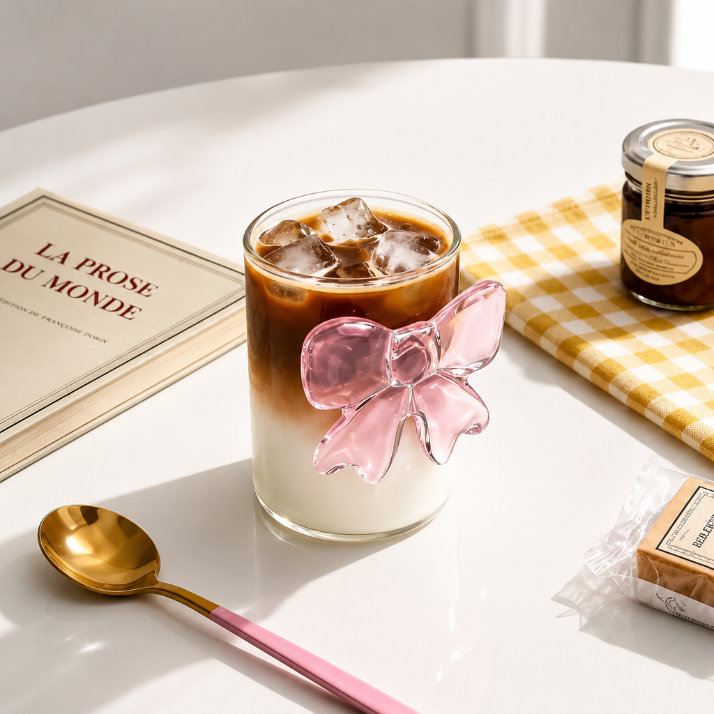 Cute Pink Bow Glass Cup – 250ml Aesthetic Coffee & Juice Glass