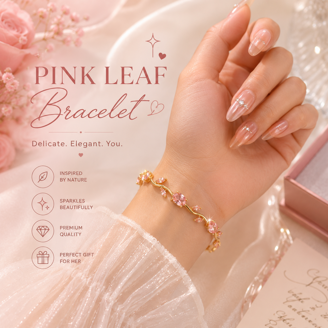Tulip Bracelet | Pink Leaf Crystal Flower Bracelet for Women